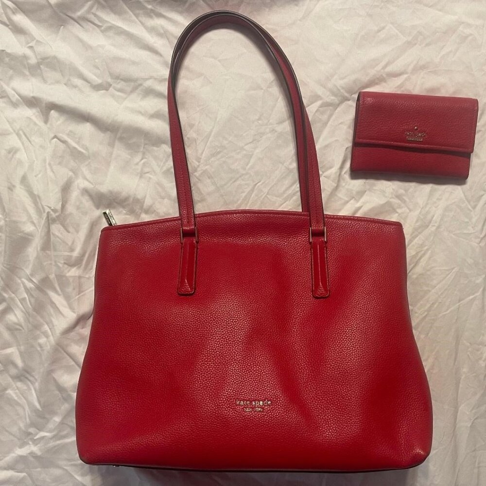 Kate Spade Red Pebble Leather Tote & Trifold Wallet Set